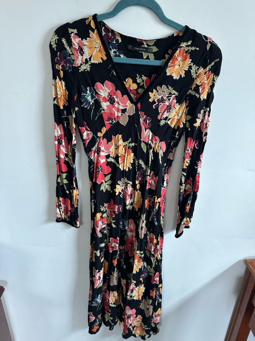 Zara Black Floral V-Neck Long Sleeve Dress with Pink & Yellow Blooms